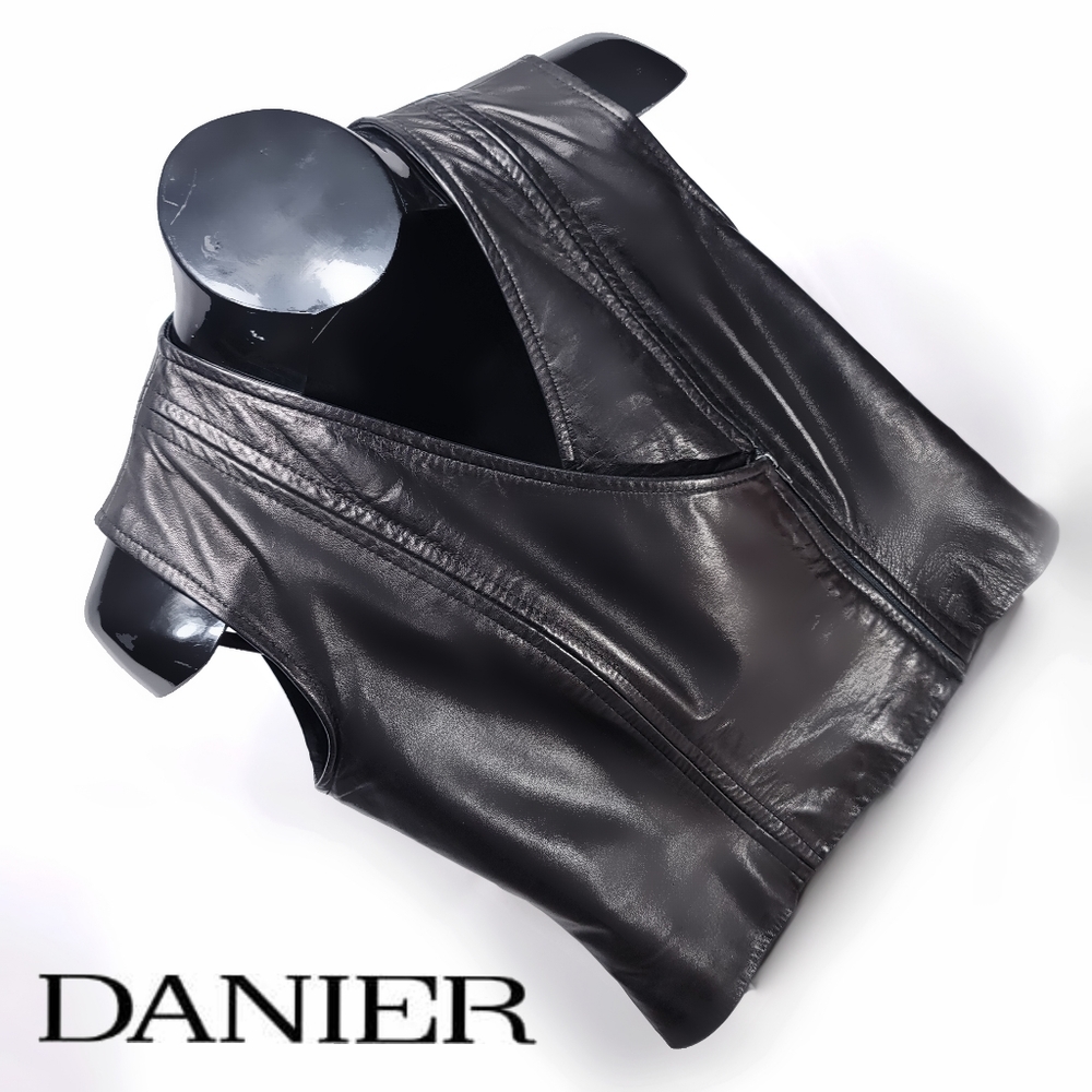 DANIER Leather V-neck Moto Vest Black Size S/M